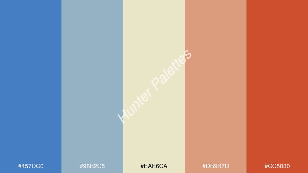 gyöngyház fehér szín palettája a következőkkel: #457dc0 #98b2c5 #eae6ca #db9b7d #cc5030