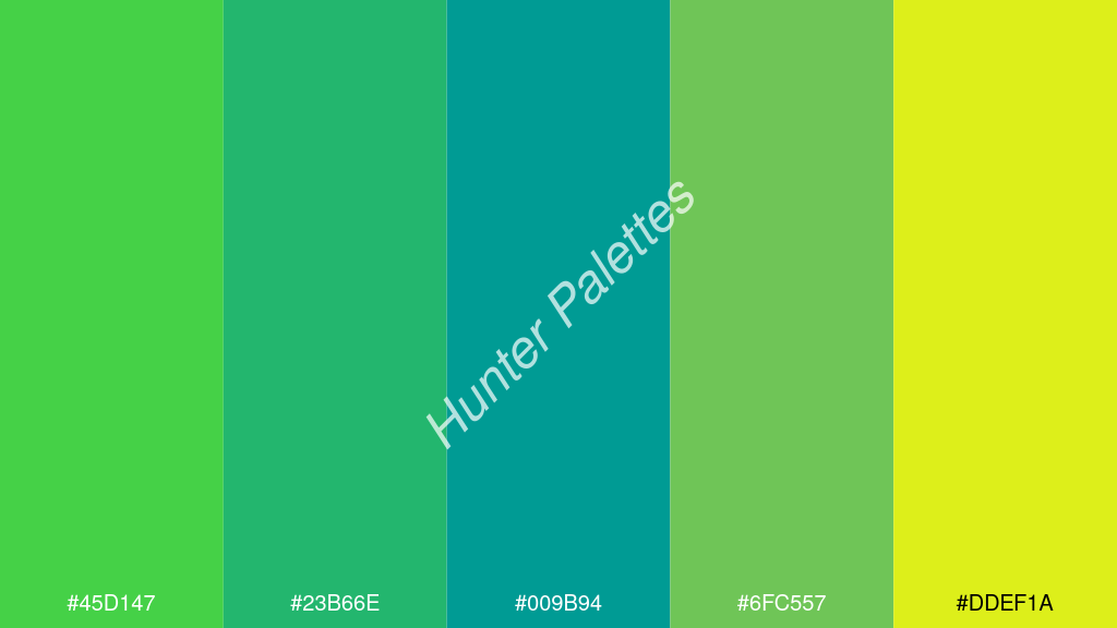 kékzöld szín palettája a következőkkel: #45d147 #23b66e #009b94 #6fc557 #ddef1a