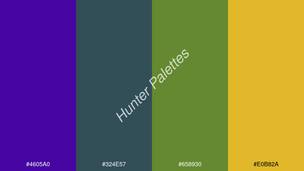 smaragdzöld szín palettája a következőkkel: #4605a0 #324e57 #658930 #e0b82a