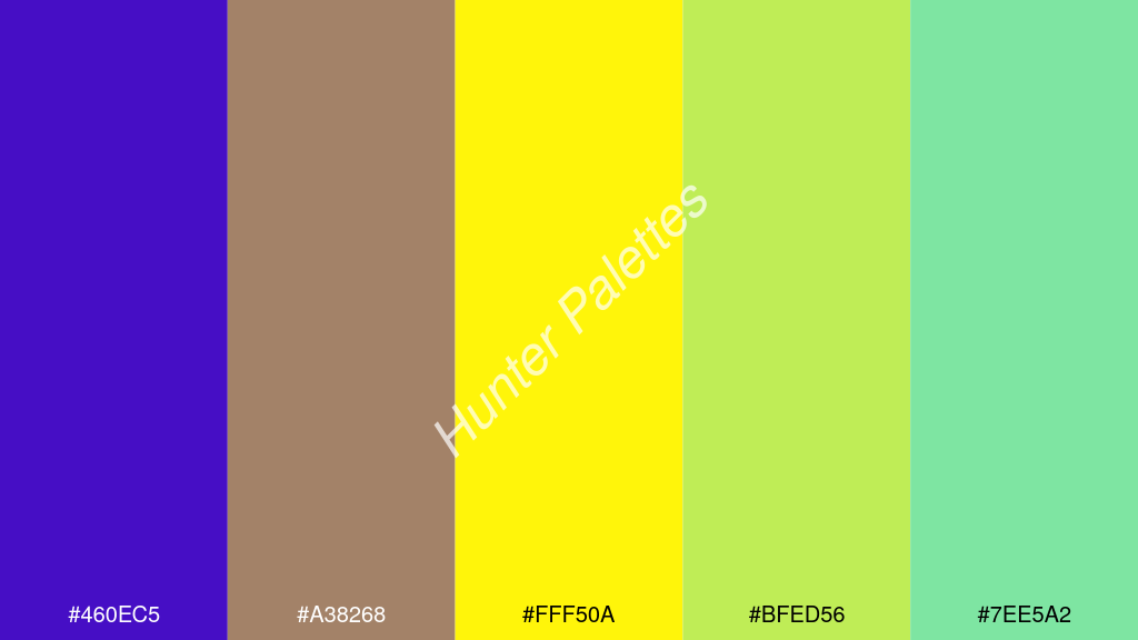 neon sárga szín palettája a következőkkel: #460ec5 #a38268 #fff50a #bfed56 #7ee5a2