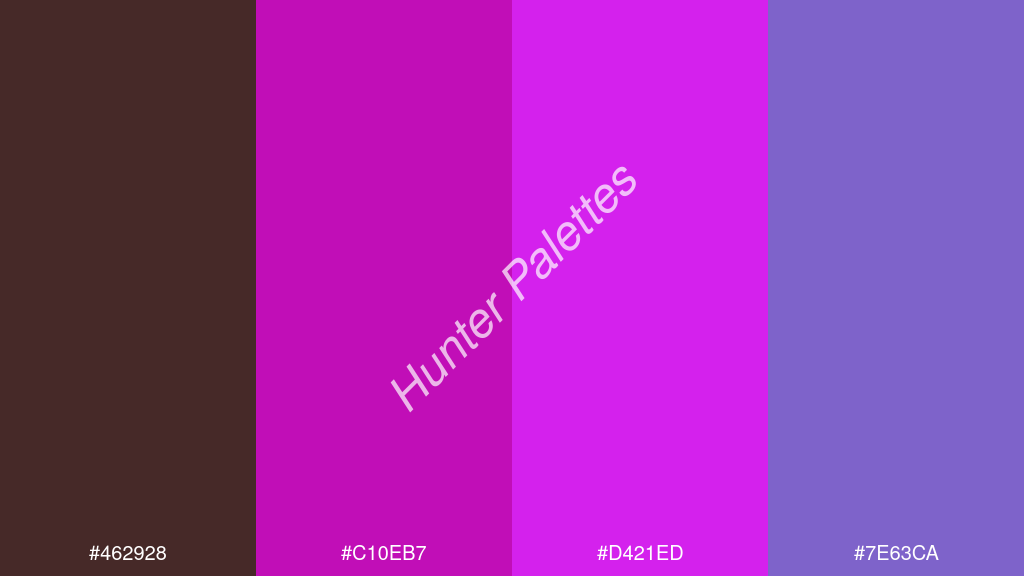 magenta szín palettája a következőkkel: #462928 #c10eb7 #d421ed #7e63ca