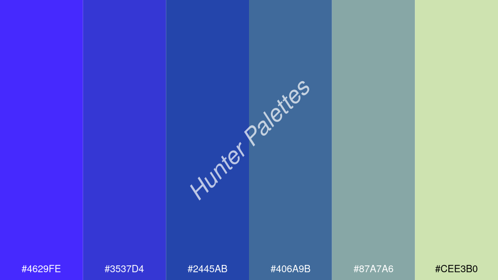 indigókék szín palettája a következőkkel: #4629fe #3537d4 #2445ab #406a9b #87a7a6 #cee3b0