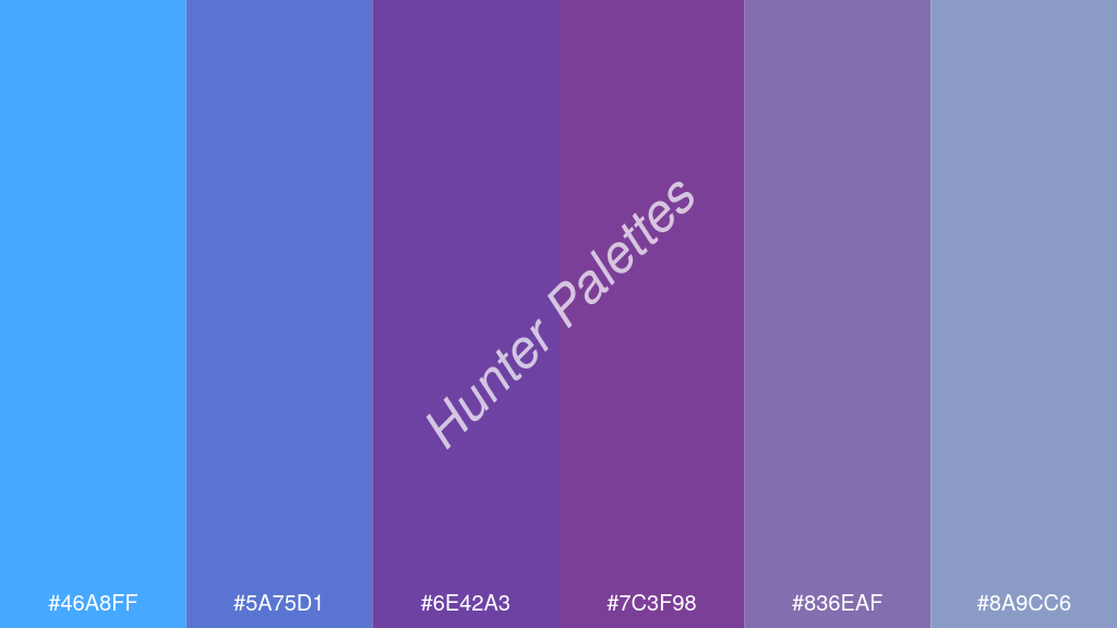 ibolya szín palettája a következőkkel: #46a8ff #5a75d1 #6e42a3 #7c3f98 #836eaf #8a9cc6
