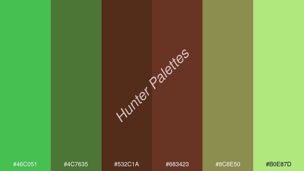 bor szín palettája a következőkkel: #46c051 #4c7635 #532c1a #683423 #8c8e50 #b0e87d