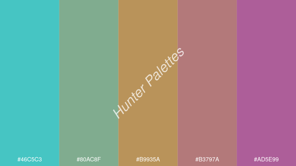 okker szín palettája a következőkkel: #46c5c3 #80ac8f #b9935a #b3797a #ad5e99