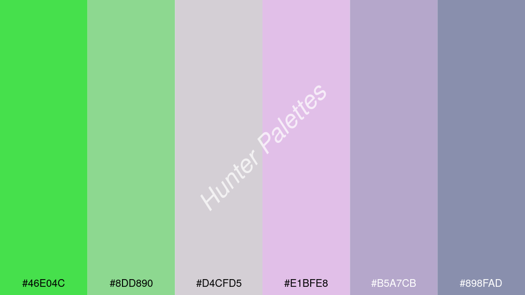 világos rózsaszín szín palettája a következőkkel: #46e04c #8dd890 #d4cfd5 #e1bfe8 #b5a7cb #898fad