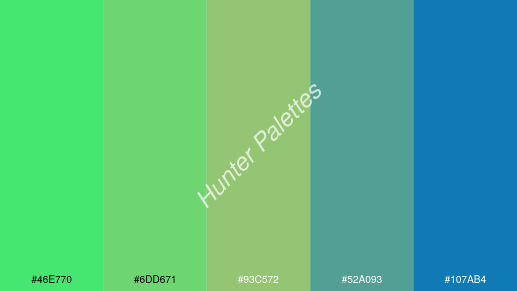 pisztáciazöld szín palettája a következőkkel: #46e770 #6dd671 #93c572 #52a093 #107ab4