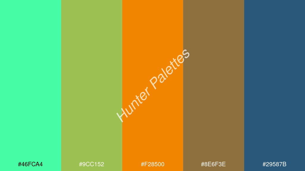 mandarin szín palettája a következőkkel: #46fca4 #9cc152 #f28500 #8e6f3e #29587b