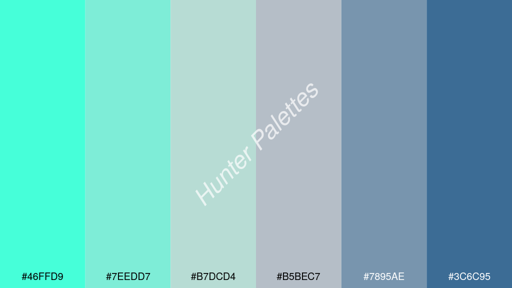 világos szürke szín palettája a következőkkel: #46ffd9 #7eedd7 #b7dcd4 #b5bec7 #7895ae #3c6c95