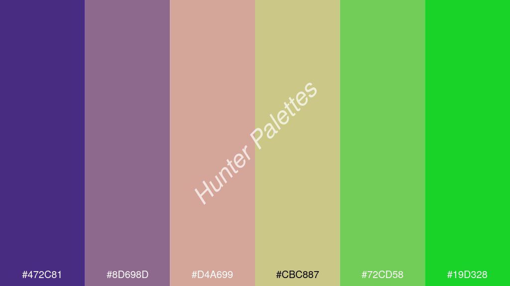 őszibarack szín palettája a következőkkel: #472c81 #8d698d #d4a699 #cbc887 #72cd58 #19d328