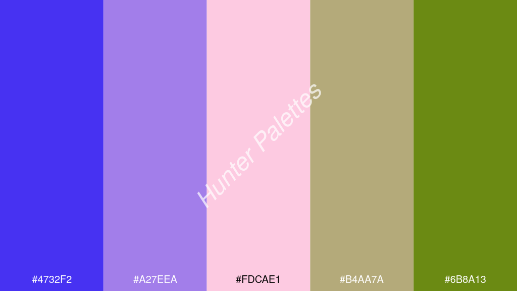 pasztell rózsaszín szín palettája a következőkkel: #4732f2 #a27eea #fdcae1 #b4aa7a #6b8a13