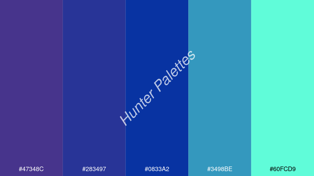királykék szín palettája a következőkkel: #47348c #283497 #0833a2 #3498be #60fcd9