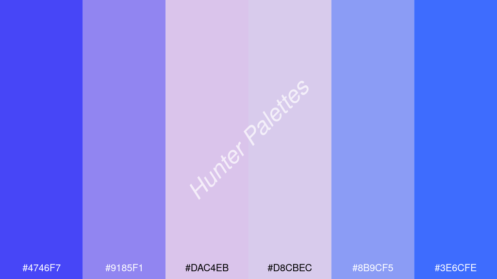 halvány rózsaszín szín palettája a következőkkel: #4746f7 #9185f1 #dac4eb #d8cbec #8b9cf5 #3e6cfe