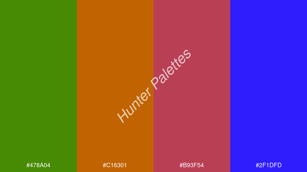 Pantone narancs szín palettája a következőkkel: #478a04 #c16301 #b93f54 #2f1dfd