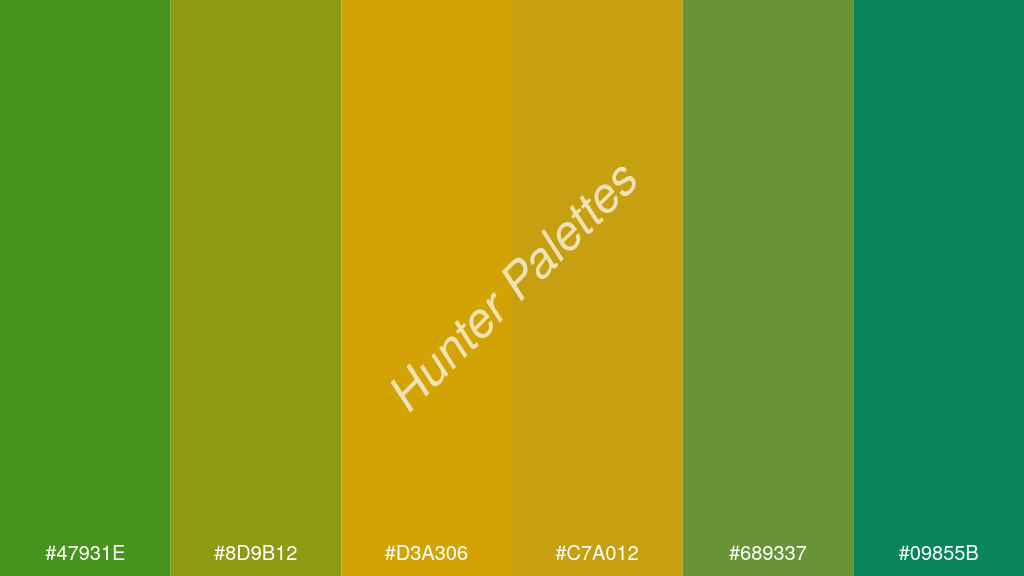 mustársárga szín palettája a következőkkel: #47931e #8d9b12 #d3a306 #c7a012 #689337 #09855b