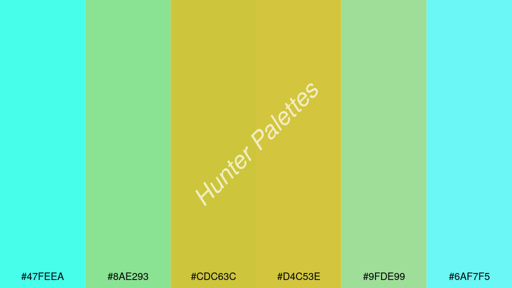 arany szín palettája a következőkkel: #47feea #8ae293 #cdc63c #d4c53e #9fde99 #6af7f5