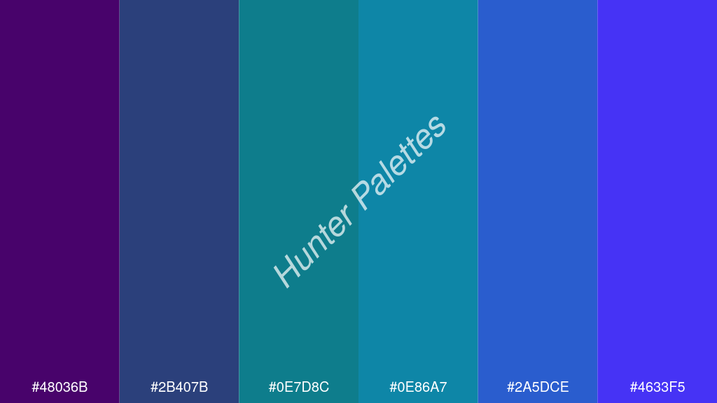 kékzöld szín palettája a következőkkel: #48036b #2b407b #0e7d8c #0e86a7 #2a5dce #4633f5