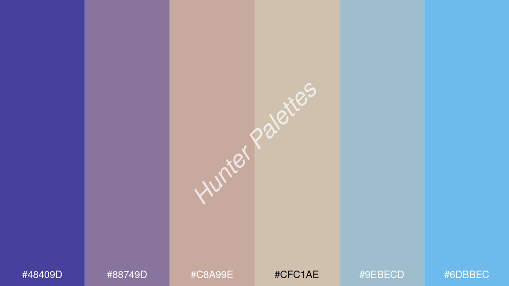 bézs szín palettája a következőkkel: #48409d #88749d #c8a99e #cfc1ae #9ebecd #6dbbec