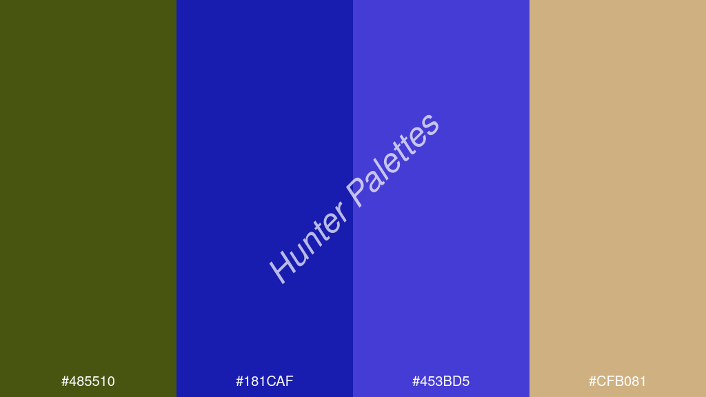 kék szín palettája a következőkkel: #485510 #181caf #453bd5 #cfb081