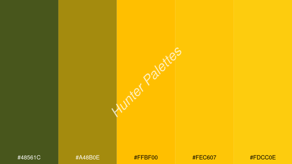 borostyán szín palettája a következőkkel: #48561c #a48b0e #ffbf00 #fec607 #fdcc0e