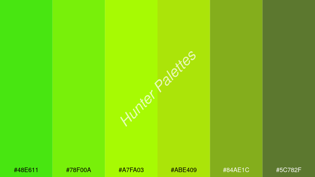 limezöld szín palettája a következőkkel: #48e611 #78f00a #a7fa03 #abe409 #84ae1c #5c782f