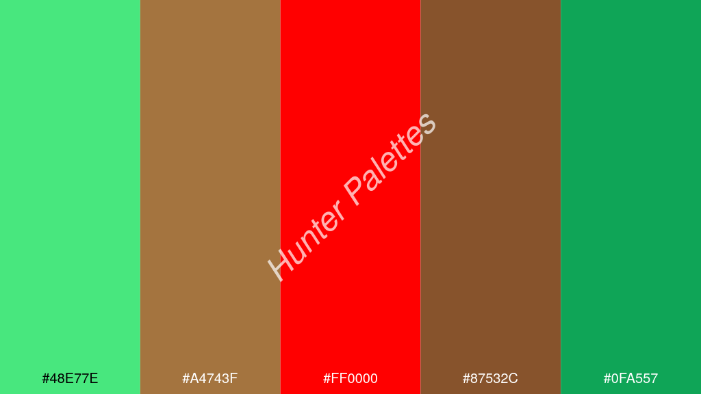 vörös szín palettája a következőkkel: #48e77e #a4743f #ff0000 #87532c #0fa557
