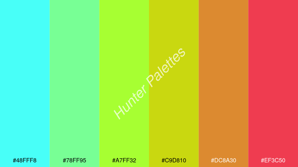 limezöld szín palettája a következőkkel: #48fff8 #78ff95 #a7ff32 #c9d810 #dc8a30 #ef3c50