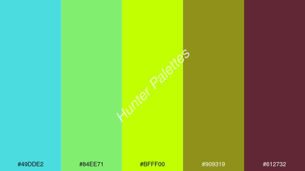 limezöld szín palettája a következőkkel: #49dde2 #84ee71 #bfff00 #909319 #612732