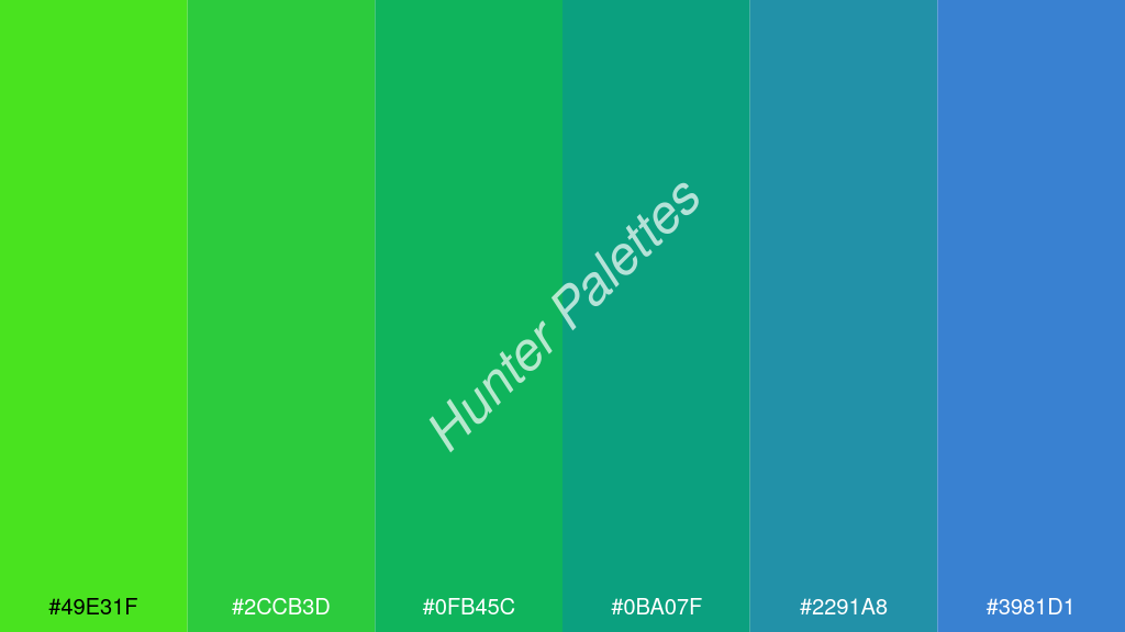 jáde szín palettája a következőkkel: #49e31f #2ccb3d #0fb45c #0ba07f #2291a8 #3981d1