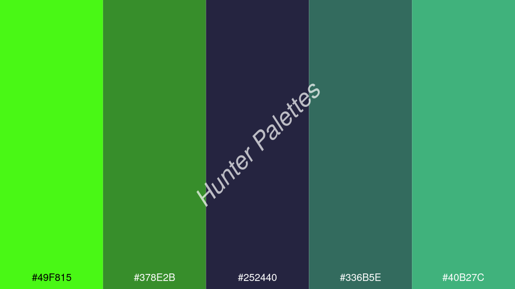 tengerészkék szín palettája a következőkkel: #49f815 #378e2b #252440 #336b5e #40b27c