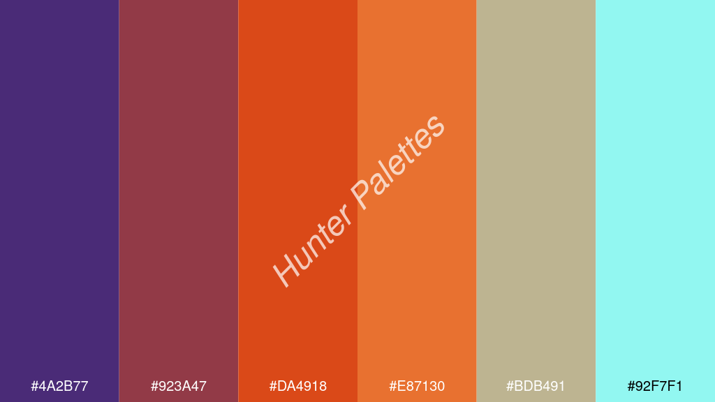 Pantone narancs szín palettája a következőkkel: #4a2b77 #923a47 #da4918 #e87130 #bdb491 #92f7f1