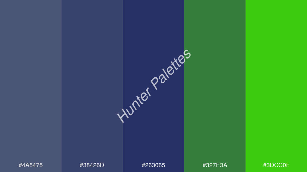 kobaltkék szín palettája a következőkkel: #4a5475 #38426d #263065 #327e3a #3dcc0f