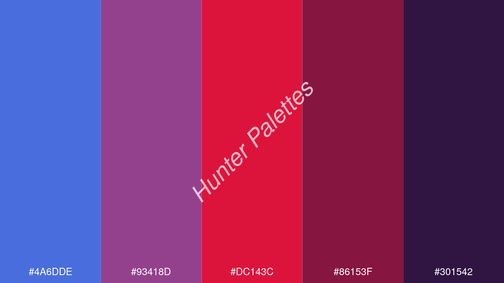 bíbor szín palettája a következőkkel: #4a6dde #93418d #dc143c #86153f #301542