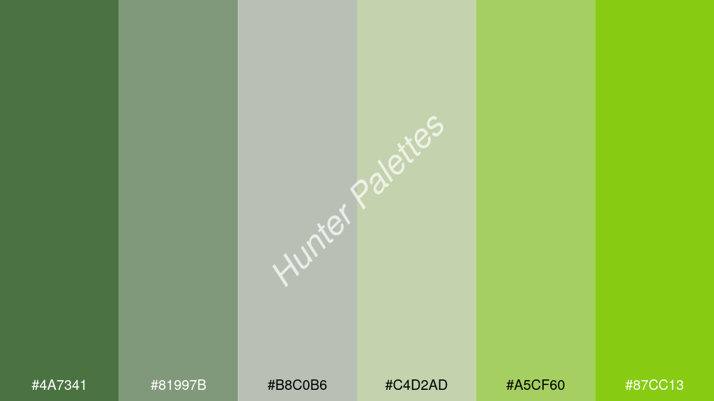 világos szürke szín palettája a következőkkel: #4a7341 #81997b #b8c0b6 #c4d2ad #a5cf60 #87cc13