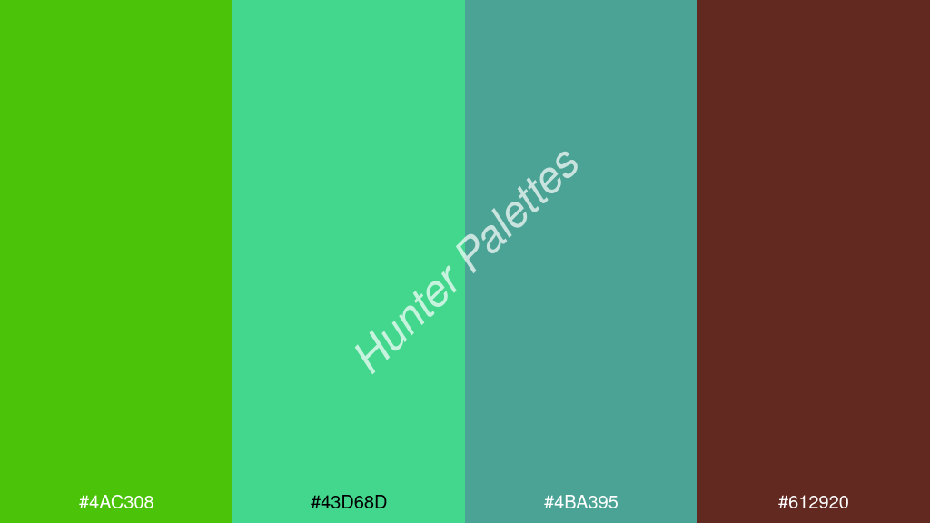 türkiz szín palettája a következőkkel: #4ac308 #43d68d #4ba395 #612920