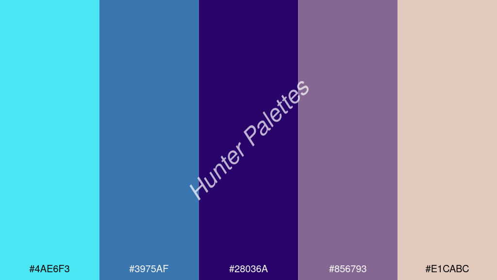 Francia kék szín palettája a következőkkel: #4ae6f3 #3975af #28036a #856793 #e1cabc