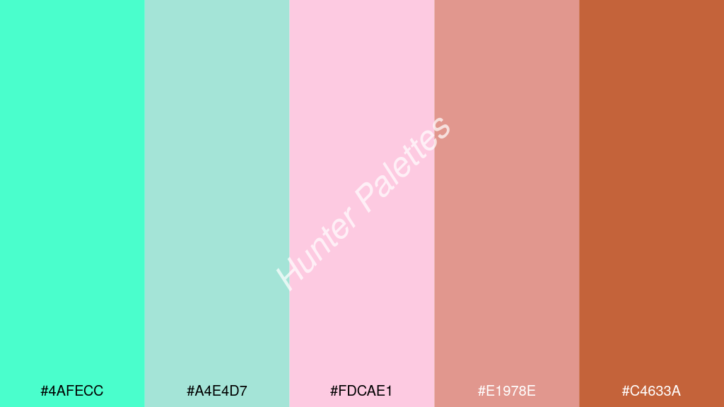 pasztell rózsaszín szín palettája a következőkkel: #4afecc #a4e4d7 #fdcae1 #e1978e #c4633a