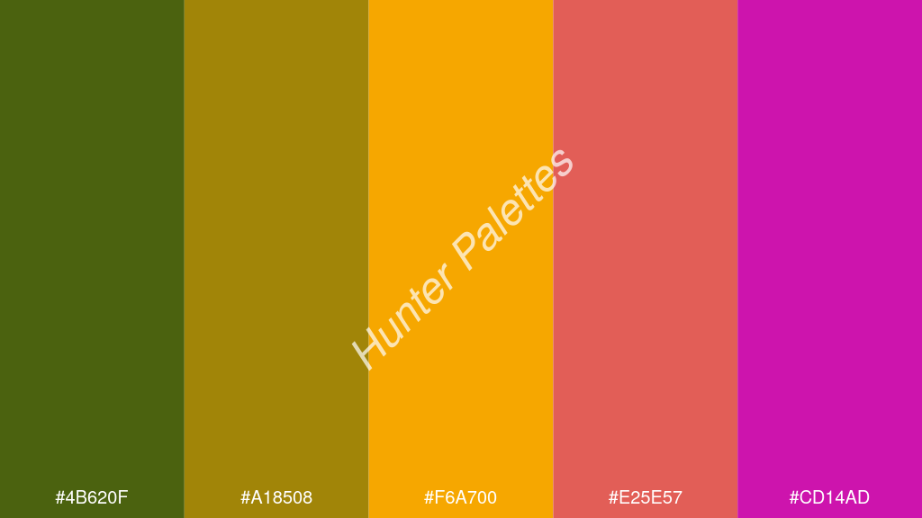 mustársárga szín palettája a következőkkel: #4b620f #a18508 #f6a700 #e25e57 #cd14ad
