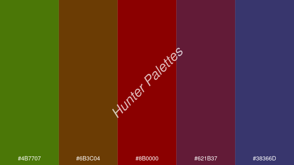 sötétvörös szín palettája a következőkkel: #4b7707 #6b3c04 #8b0000 #621b37 #38366d