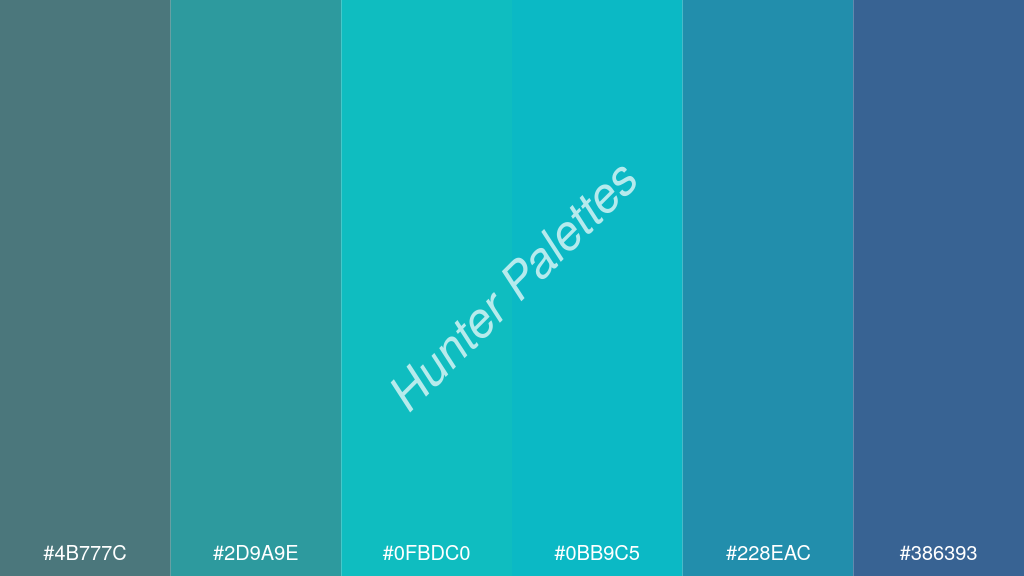 sötét türkiz szín palettája a következőkkel: #4b777c #2d9a9e #0fbdc0 #0bb9c5 #228eac #386393