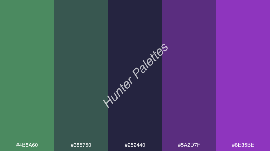 tengerészkék szín palettája a következőkkel: #4b8a60 #385750 #252440 #5a2d7f #8e35be