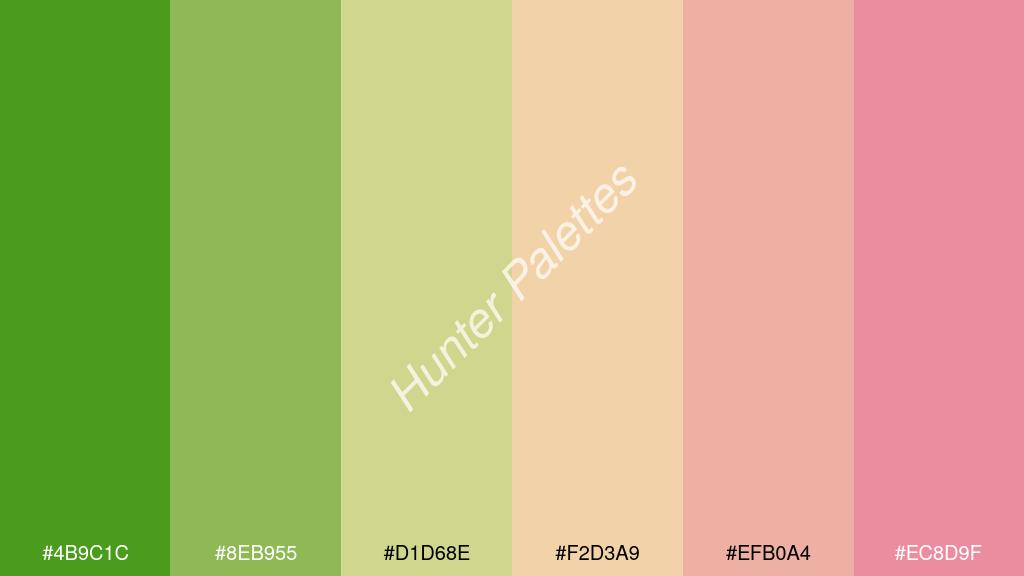vanília szín palettája a következőkkel: #4b9c1c #8eb955 #d1d68e #f2d3a9 #efb0a4 #ec8d9f