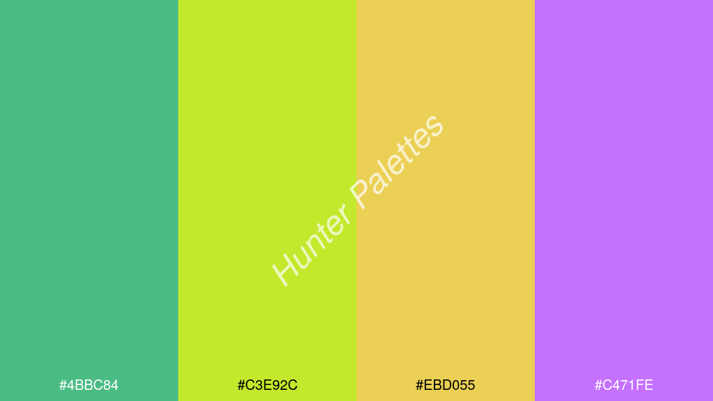 sárga szín palettája a következőkkel: #4bbc84 #c3e92c #ebd055 #c471fe