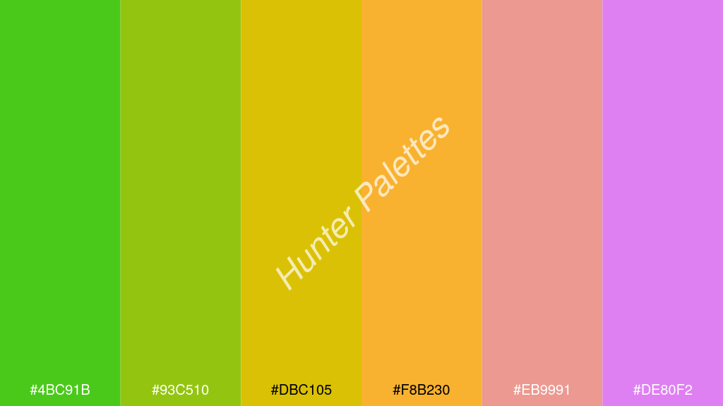 borostyán szín palettája a következőkkel: #4bc91b #93c510 #dbc105 #f8b230 #eb9991 #de80f2