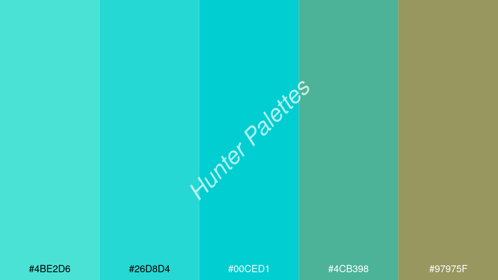 sötét türkiz szín palettája a következőkkel: #4be2d6 #26d8d4 #00ced1 #4cb398 #97975f