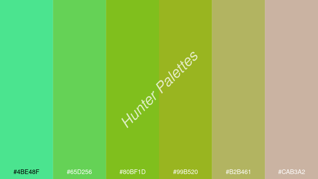 alma zöld szín palettája a következőkkel: #4be48f #65d256 #80bf1d #99b520 #b2b461 #cab3a2