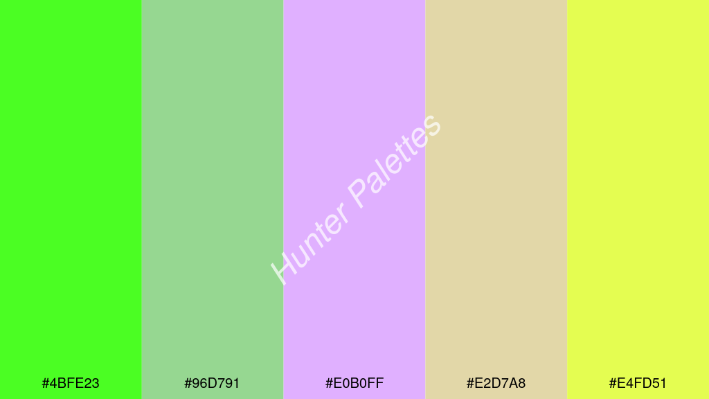 mályva szín palettája a következőkkel: #4bfe23 #96d791 #e0b0ff #e2d7a8 #e4fd51