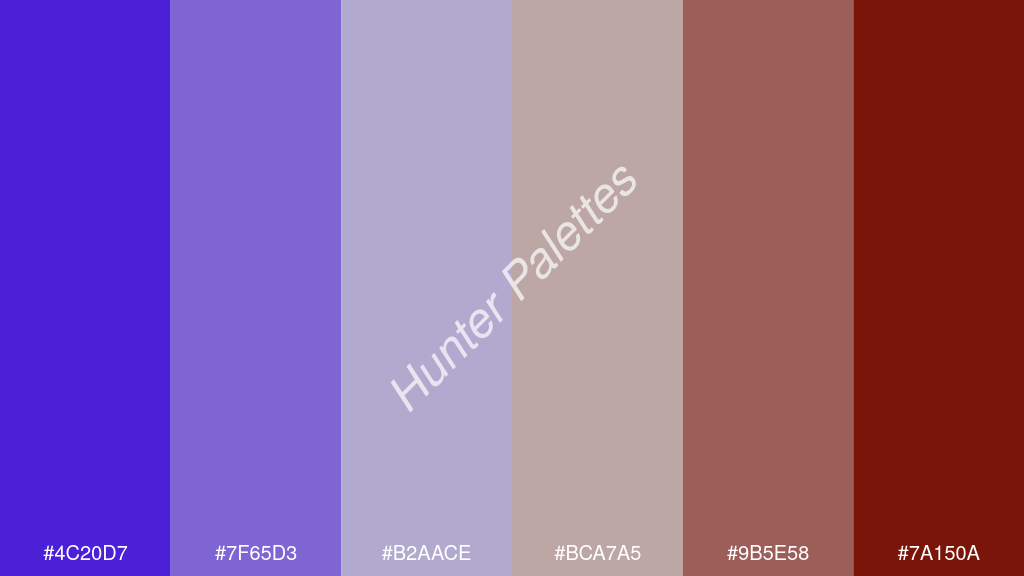 cccccc szín palettája a következőkkel: #4c20d7 #7f65d3 #b2aace #bca7a5 #9b5e58 #7a150a