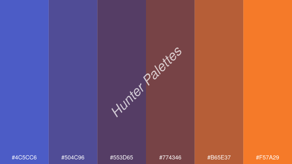 szilva szín palettája a következőkkel: #4c5cc6 #504c96 #553d65 #774346 #b65e37 #f57a29