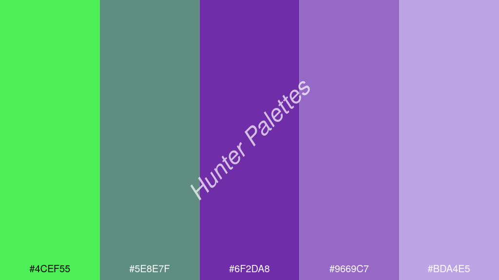 szőlő szín palettája a következőkkel: #4cef55 #5e8e7f #6f2da8 #9669c7 #bda4e5